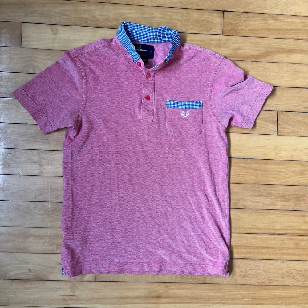 Fred Perry Mens Slim Fit Polo Shirt Pink Gingham Trim Laurel Wreath Small S